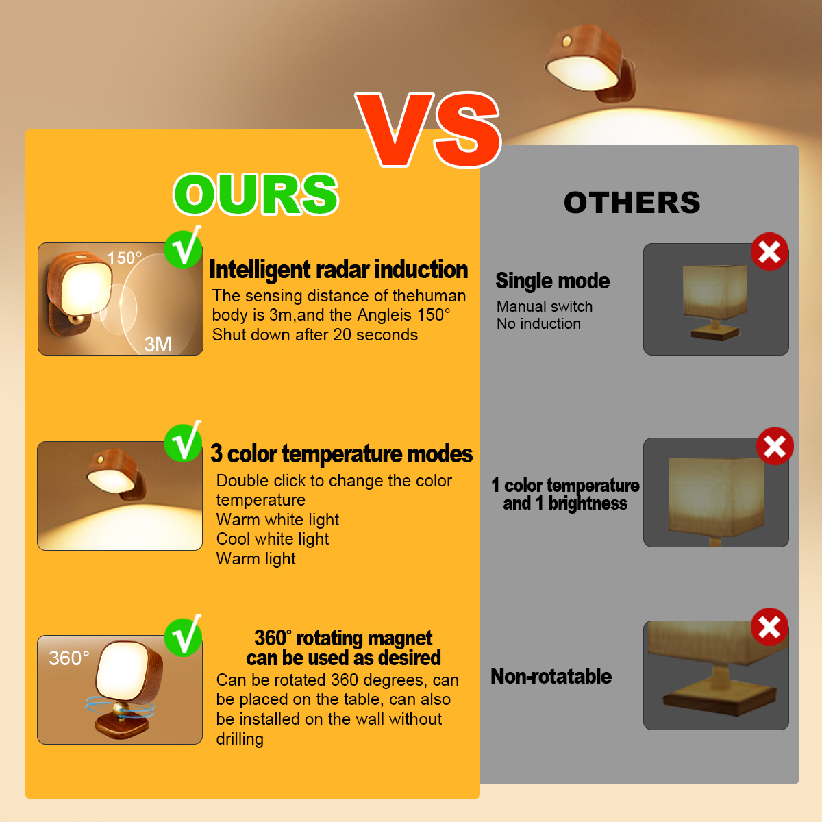 HCP262-方形实木雷达感应小夜灯